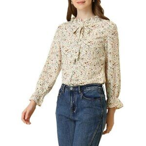 Tie Ruffle Collar Button Down Long Sleeve Floral Blouse autumn